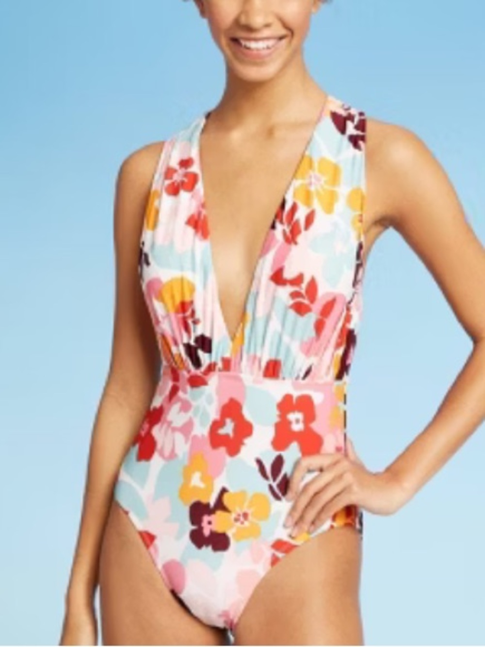 Sea Angel Large White Floral Plunge Neck Bathing-Suit Criss Cross Back Swimsuit